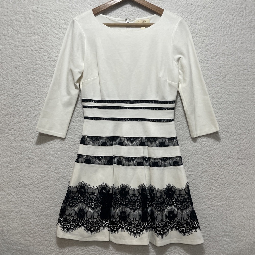 ERIN Fetherston Women's White‎ Lace Striped Dress Quarter Sleeve Elegant Sz 6